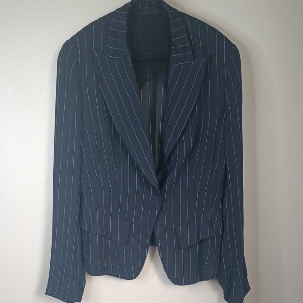 Gianfranco Ferre Navy Pinstripe Sheer Viscose Silk Mesh Lining Jacket Size M-L